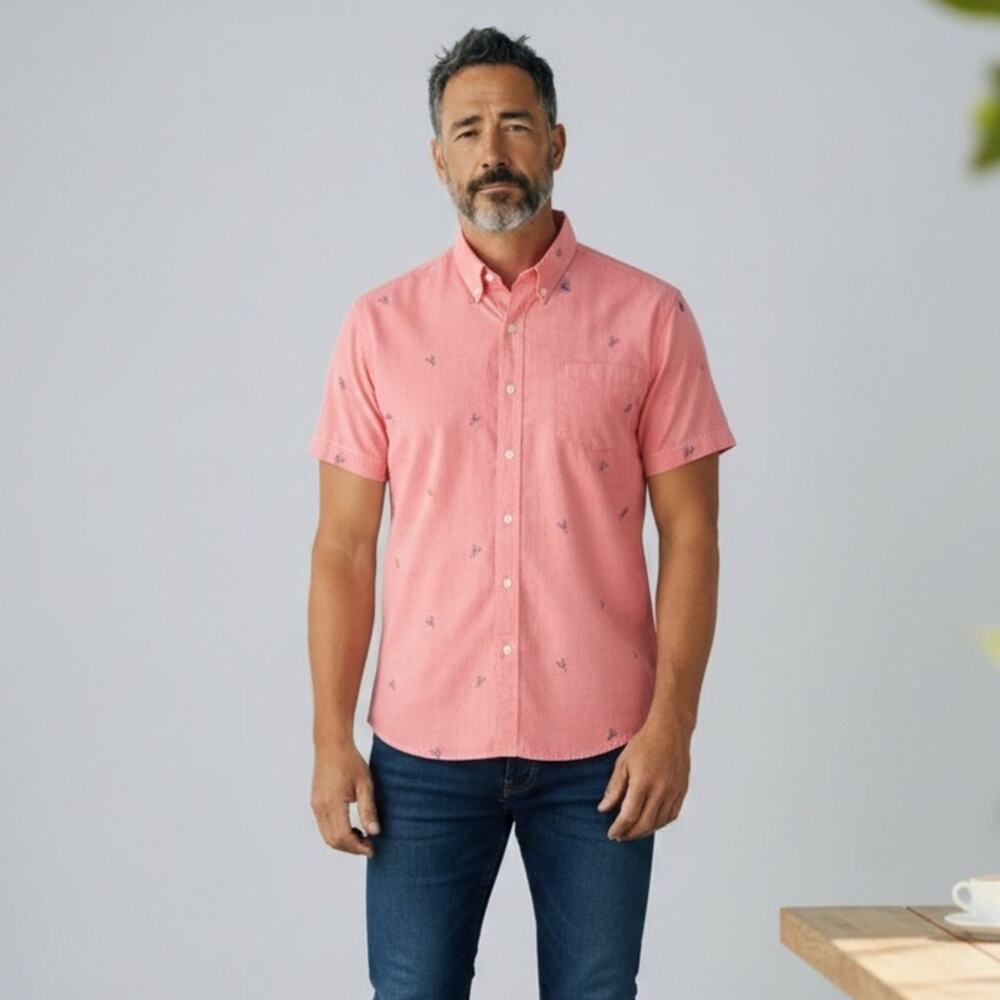 CHAPS Men’s XXL Pink Lobster Print Short Sleeve Button Down Dress Shirt